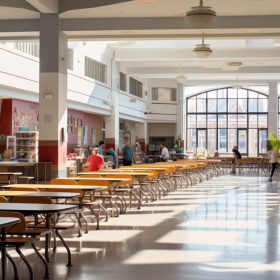 A bustling school cafeteria during lunchtime