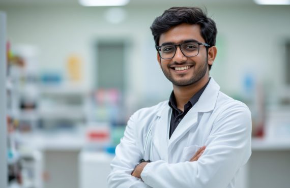 Portrait of a handsome young Indian doctor standing with arms crossed in a medical clinic, smiling at the camera.